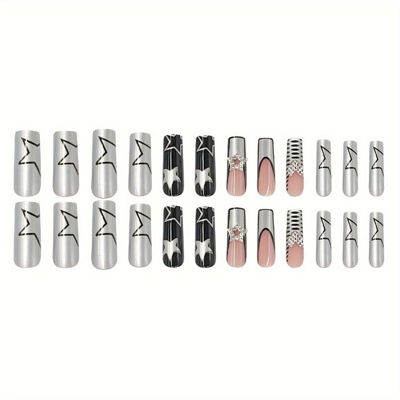 24pcs Chic Silvery Glossy Press-On Nails Set with 3D Heart & Star Accents - Picture 4 of 5